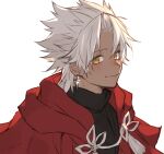  1boy amakusa_shirou_(fate) bangs blush cape closed_mouth dark-skinned_male dark_skin earrings fate/apocrypha fate/grand_order fate_(series) highres jewelry looking_at_viewer male_focus parted_bangs priest red_cape short_hair simple_background smile solo spiky_hair tassel tofu_(bean359) upper_body white_background white_hair yellow_eyes 