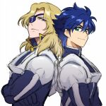  2boys bangs blonde_hair blue_gloves crossbone_gundam crossed_arms eyepatch from_side gloves gundam kincade_nau looking_at_viewer male_focus multiple_boys one_eye_covered parted_bangs pilot_suit sketch v-shaped_eyebrows violet_eyes white_background yanada_kiyorin zabine_chareux 