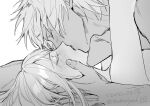  1boy 1girl alphen_(tales) bare_shoulders blush breasts couple dark-skinned_male dark_skin greyscale hand_on_another&#039;s_head hetero hug implied_sex kiss long_hair lying monochrome nude nukegara102 on_back out-of-frame_censoring shionne_(tales) small_breasts spiky_hair tales_of_(series) tales_of_arise 