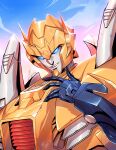  absurdres blue_eyes clouds commission english_commentary highres lina_rojas looking_at_viewer mecha metalhawk open_hand portrait robot science_fiction sky solo the_transformers_(idw) transformers 