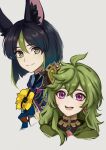  1boy 1girl :d ahoge animal_ear_fluff animal_ears bangs blunt_ends blush bright_pupils capelet closed_mouth collei_(genshin_impact) crossed_bangs drawstring earrings flower fox_ears genshin_impact green_capelet green_eyes green_hair grey_background highres hood hood_down hoodie hypnavoid jewelry looking_at_viewer medium_hair multicolored_hair open_mouth sidelocks simple_background single_earring smile streaked_hair tighnari_(genshin_impact) violet_eyes white_pupils yellow_flower 