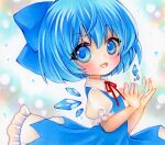  1girl blue_bow blue_dress blue_eyes blue_hair bow cirno collared_shirt detached_wings dress frilled_dress frilled_sleeves frills from_side hair_bow highres ice ice_wings looking_at_viewer looking_to_the_side marker_(medium) neck_ribbon open_mouth pinafore_dress puffy_short_sleeves puffy_sleeves red_ribbon ribbon shirt short_hair short_sleeves simple_background smile solo touhou traditional_media white_shirt wings yuuki_hana_(jtnp5334) 