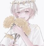  1boy angel angel_wings flower grey_eyes grey_hair halo highres looking_at_viewer male_child male_focus niufog open_mouth original shirt short_hair short_sleeves solo sunflower white_background white_shirt wings yellow_flower 