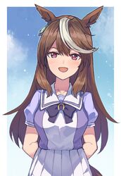  1girl animal_ears arms_behind_back border brown_hair earrings horse_ears horse_girl horse_tail jewelry kusanagi_kaoru long_hair looking_at_viewer multicolored_hair outdoors purple_serafuku school_uniform serafuku short_sleeves single_earring smile solo streaked_hair symboli_rudolf_(umamusume) tail tracen_school_uniform umamusume violet_eyes white_border 