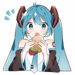  1girl ^^^ ahoge aqua_eyes aqua_hair aqua_necktie arm_tattoo bangs bare_shoulders black_sleeves blush burger commentary_request cropped_torso detached_sleeves food hair_between_eyes hair_ornament hands_up hatsune_miku holding holding_food long_hair looking_at_viewer necktie number_tattoo open_mouth raised_eyebrows shirt simple_background sleeveless sleeveless_shirt sleeves_past_elbows solo tattoo twintails uon_shil upper_body vocaloid white_background white_shirt wide_sleeves 