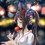  1girl animal_ear_fluff animal_ears bangs black_hair blurry blurry_background blush braid breasts candy candy_apple commentary_request flower food fox_ears fox_girl franziska_norma hair_between_eyes hair_flower hair_ornament hairclip holding holding_candy holding_food hololive japanese_clothes kimono kurokami_fubuki long_hair looking_at_viewer looking_to_the_side ponytail red_eyes red_nails redhead sidelocks single_braid small_breasts solo tongue tongue_out virtual_youtuber white_kimono yukata 