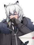  1boy 1other animal_ears arknights bangs black_cape black_gloves black_jacket blush cape doctor_(arknights) fur-trimmed_cape fur_trim gloves grey_eyes highres jacket leopard_ears long_sleeves short_hair silverash_(arknights) simple_background solo_focus tofudofu upper_body white_background white_hair 