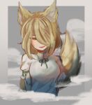  1girl animal_ear_fluff animal_ears breasts fox_ears fox_tail grey_background hair_over_one_eye highres kikeiju kudamaki_tsukasa medium_breasts neck_ribbon open_mouth ribbon simple_background solo tail touhou upper_body white_romper 