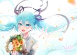  1girl :d bangs blue_eyes blue_hair bouquet commentary detached_sleeves floating_hair flower grey_shirt grey_sleeves hair_between_eyes happy_birthday hatsune_miku highres holding holding_bouquet long_hair minamimio0527 open_mouth orange_flower shirt sleeveless sleeveless_shirt smile solo twintails upper_body very_long_hair vocaloid 