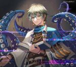  1boy arthropod_boy bangs blonde_hair book closed_mouth commentary_request earrings hair_between_eyes hc_(razel1) highres holding holding_book ike_eveland jewelry long_sleeves looking_at_viewer male_focus monster_boy nijisanji nijisanji_en octopus_boy open_book signature simple_background smile solo tentacles virtual_youtuber yellow_eyes 