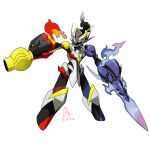  arm_blade arm_cannon armarouge blue_fire bright_pupils ceruledge dated digimon fakemon fire fusion highres looking_to_the_side omegamon parody pokemon pokemon_(game) pokemon_sv pravin_rao_santheran solo violet_eyes weapon white_background white_pupils 