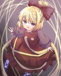  1girl :d bangs black_bow black_footwear blonde_hair bow brown_dress brown_eyes dress from_above full_body gradient gradient_background hair_bow kumami187 kurodani_yamame long_sleeves looking_at_viewer open_mouth short_hair smile solo touhou yellow_eyes 