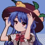 1girl ahiru_tokotoko bangs bird black_headwear blue_background blue_hair bow bowtie closed_mouth duck food fruit hat hinanawi_tenshi leaf long_hair peach red_bow red_bowtie red_eyes short_sleeves solo touhou upper_body