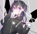  1girl bandaged_neck bandages bangs black_hair black_shirt black_wings breasts broken_horn closed_mouth collared_shirt commentary_request demon_girl demon_horns demon_wings dress_shirt hair_between_eyes hair_ribbon hands_up heart heart-shaped_pupils horns kuroi_(liar-player) long_hair long_sleeves looking_at_viewer one_side_up original ribbon shirt sleeves_past_fingers sleeves_past_wrists small_breasts solo symbol-shaped_pupils twitter_username upper_body violet_eyes white_ribbon wings 