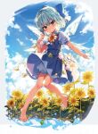  artist_request barefoot bloomers blue_bow blue_dress blue_eyes blue_hair blue_sky blue_wings bow cirno clouds cloudy_sky collared_shirt dress fairy flower full_body grin hair_bow highres ice ice_wings official_art pinafore_dress plant puffy_short_sleeves puffy_sleeves red_ribbon ribbon shirt shnva short_hair short_sleeves sky smile sunflower tan tanned_cirno toenails toes touhou underwear v-shaped_eyebrows vines white_bloomers wings 
