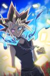 1boy bangs bare_shoulders belt_collar black_hair blonde_hair blue_eyes card collar commentary_request day dyed_bangs highres male_focus millennium_puzzle multicolored_hair outdoors raijin-bh shirt smile solo spiky_hair violet_eyes yami_yuugi yu-gi-oh!