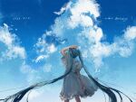  1girl 2022 absurdly_long_hair arm_up blue_hair blue_sky character_name clouds dated dress floating_hair from_behind grey_dress hatsune_miku highres lililito1026 long_hair sky solo standing sundress twintails very_long_hair vocaloid 