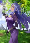  1girl absurdres arched_back black_gloves blue_eyes blue_hair braid dress elbow_gloves fate/stay_night fate_(series) floating_hair from_side gloves hair_intakes highres holding holding_staff kyoken long_hair medea_(fate) open_mouth pointy_ears purple_dress purple_lips shiny shiny_hair single_braid solo staff standing very_long_hair 