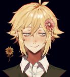  1boy basil_(omori) blonde_hair blue_eyes blush closed_mouth collared_shirt flower green_sweater_vest hair_flower hair_ornament highres kakapo_(sepia_2545) omori shirt short_hair sidelocks smile smug solo sunflower sweater_vest upper_body white_shirt 