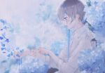 1boy blue_flower blue_theme brown_hair collared_shirt crying facing_to_the_side flower grey_eyes long_sleeves looking_down male_focus niufog open_mouth original rain shirt short_hair solo white_shirt 