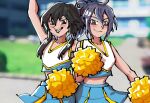  2girls :d black_hair blush cheerleader commission commissioner_upload fir_(fire_emblem) fire_emblem fire_emblem:_genealogy_of_the_holy_war fire_emblem:_the_binding_blade fire_emblem_heroes larcei_(fire_emblem) long_hair looking_at_viewer mnejing30 multiple_girls open_mouth pom_pom_(cheerleading) ponytail purple_hair simple_background smile 