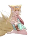 1girl animal_ear_fluff animal_ears ark_bone arknights bag bangs blonde_hair blue_hairband blue_skirt blush brown_footwear brown_jacket closed_mouth fox_ears fox_girl fox_tail frilled_hairband frills green_eyes hair_between_eyes hairband high-waist_skirt holding holding_clothes holding_footwear holding_shoes jacket long_hair long_sleeves looking_at_viewer multicolored_hair neck_ribbon open_clothes open_jacket puffy_long_sleeves puffy_sleeves red_ribbon ribbon shirt shoes shoes_removed shoulder_bag simple_background sitting skirt smile socks solo suzuran_(arknights) suzuran_(spring_praise)_(arknights) tail two-tone_hair very_long_hair wariza white_background white_hair white_shirt white_socks