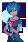  1girl ayanami_rei bandaged_arm bandages bangs blue_hair blue_skirt collared_shirt glasses hair_between_eyes looking_at_viewer neck_ribbon neon_genesis_evangelion rectangular_eyewear red_eyes red_ribbon ribbon rotix sailor_collar sailor_shirt school_uniform see-through_silhouette shiny shiny_hair shirt short_hair short_sleeves skirt solo standing suspender_skirt suspenders white_shirt 