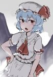  1girl absurdres ascot bangs bat_wings blue_hair blush collared_shirt commentary_request cowboy_shot expressionless fang flat_chest frilled_shirt_collar frilled_sleeves frills hair_between_eyes hakonnbo hand_on_hip hat hat_ribbon highres looking_at_viewer mob_cap open_mouth red_ascot red_ribbon remilia_scarlet ribbon shirt short_hair skirt skirt_set solo touhou white_headwear white_shirt white_skirt wings 