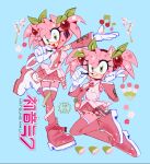 1girl 3mia_hadi3 :d amy_rose animal_nose boots breasts cosplay detached_sleeves furry furry_female gloves green_eyes hair_ornament hatsune_miku highres multiple_views necktie open_mouth sakura_miku sakura_miku_(cosplay) smile sonic_(series) thigh-highs thigh_boots twintails vocaloid white_gloves 