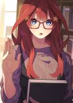  1girl :o absurdres bangs black_dress blue_eyes blush book bookshelf casual dress glasses go-toubun_no_hanayome hair_ornament hand_up highres holding holding_book indoors library long_hair looking_at_viewer nakano_itsuki open_mouth pinafore_dress purple_sweater red-framed_eyewear redhead solo star_(symbol) star_hair_ornament sweater tamago_sando upper_body very_long_hair waving 