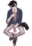  1boy adjusting_clothes animal_ears black_footwear black_hair blue_jacket bracelet crew_neck dog_tags full_body grey_shirt hair_between_eyes highres holostars hot invisible_chair jackal_boy jackal_ears jackal_tail jacket jewelry kageyama_shien leaf_print male_focus momiage_40 multicolored_hair official_alternate_costume one_eye_closed pants sandals sharp_toenails shirt short_hair sideways_glance simple_background sitting sleeves_past_elbows solo sweat tail toenails tongue tongue_out torn_clothes torn_pants two-tone_hair v-shaped_eyebrows virtual_youtuber white_background white_hair white_pants yellow_eyes 