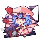  1girl absurdres apdownleftright bat_wings black_footwear blue_hair chibi clock clock_tower english_commentary full_body hat highres holding holding_polearm holding_weapon medium_hair mob_cap open_mouth pink_headwear pink_shirt pink_skirt polearm puffy_short_sleeves puffy_sleeves red_eyes remilia_scarlet sample_watermark shirt short_sleeves skirt solo spear_the_gungnir touhou tower triangle_mouth weapon wings 