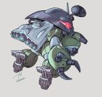  1980s_(style) 2022 alien arm_cannon backpack bag claws dated energy_cannon flying ginga_hyouryuu_vifam highres jetpack kujira_gunsou mecha radio_antenna retro_artstyle robot science_fiction signature sketch solo thrusters weapon 