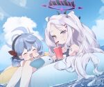  absurdres ahoge ako_(blue_archive) bangs bendy_straw blue_archive blue_hair blue_hairband blue_one-piece_swimsuit cup demon_horns disposable_cup drink drinking_straw duck_innertube hair_ornament hairband hairclip halo highres hina_(blue_archive) hina_(swimsuit)_(blue_archive) horns long_hair multiple_horns official_alternate_costume oldweek parted_bangs school_swimsuit swimsuit violet_eyes whistle whistle_around_neck white_hair 