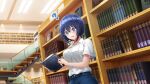  1girl ? blue_eyes blue_hair book breast_pocket copyright denim dolphin_wave from_side glasses hair_between_eyes highres holding holding_book jeans library official_art pants pocket rimless_eyewear shirt short_hair short_sleeves solo tojou_michiru upper_body white_shirt 
