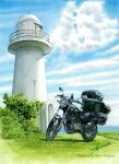  artist_name blue_sky day grass ground_vehicle highres lighthouse motor_vehicle motorcycle no_humans outdoors scenery shin_osawa signature sky traditional_media 