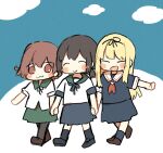  3girls :3 black_pantyhose black_ribbon black_serafuku black_shirt black_skirt blonde_hair blue_neckerchief blue_sailor_collar blue_skirt blush_stickers brown_hair closed_eyes fubuki_(kancolle) green_sailor_collar green_skirt hair_ribbon holding_hands ina_(1813576) kantai_collection long_hair low_ponytail medium_hair multiple_girls mutsuki_(kancolle) neckerchief pantyhose pleated_skirt red_neckerchief ribbon sailor_collar school_uniform serafuku shirt short_hair skirt walking white_sailor_collar white_shirt yuudachi_(kancolle) 