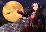  1girl adapted_costume ascot black_coat black_hair blurry blurry_background coat floating_hair full_moon gem gloves grin hair_ribbon hand_on_hip highres kamado_nezuko kimetsu_no_yaiba long_hair long_sleeves looking_at_viewer moon multicolored_hair open_clothes open_coat orange_hair pink_ribbon pink_vest red_eyes red_gemstone ribbon shiny shiny_hair smile solo two-tone_hair vampire vest wakagon0727 white_ascot white_gloves 