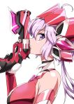  1girl absurdres ahoge bangs black_gloves breasts from_side gloves gun hair_between_eyes handgun highres holding holding_gun holding_weapon jiguang_zhi_aoluola large_breasts long_hair parted_lips pink_hair profile senki_zesshou_symphogear shiny shiny_hair shiny_skin solo twintails two-tone_gloves upper_body weapon white_gloves yukine_chris 