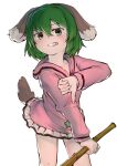  1girl absurdres animal_ears bangs blush broom commentary_request dog_ears dog_girl dog_tail dress feet_out_of_frame green_eyes green_hair grin hakonnbo highres holding holding_broom kasodani_kyouko long_sleeves looking_at_viewer pink_dress short_hair simple_background smile solo tail thumbs_down touhou white_background 