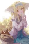 1girl alternate_hairstyle animal_ears arknights blonde_hair blue_dress blue_hairband blush cat cy_fros dress food fox_ears fox_girl fox_tail frilled_hairband frills green_eyes hair_down hairband highres holding holding_food jacket kitsune long_hair long_sleeves looking_at_viewer multiple_tails neck_ribbon open_mouth pink_jacket red_ribbon ribbon sandwich simple_background sitting solo straight_hair suzuran_(arknights) suzuran_(spring_praise)_(arknights) tail white_background