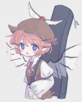  1girl :3 :d animal_ears arm_strap artist_name bangs bird_ears bird_girl bird_wings blue_eyes bow brown_headwear brown_shirt charm_(object) collared_shirt commentary_request cropped_torso grey_background highres instrument_case juliet_sleeves long_sleeves looking_at_viewer m_(m073111) mystia_lorelei open_mouth pink_bow pink_hair puffy_sleeves shirt short_hair simple_background smile solo touhou white_shirt winged_hat wings 