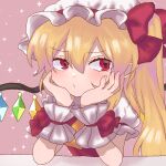  1girl ascot blonde_hair closed_mouth flandre_scarlet frilled_sleeves frills hair_between_eyes hands_on_own_cheeks hands_on_own_face hat hat_ribbon long_hair mob_cap multicolored_wings pink_background pout puffy_short_sleeves puffy_sleeves red_eyes red_ribbon red_vest ribbon shirt short_sleeves side_ponytail simple_background solo touhou tsuduno_ayumu upper_body vest white_headwear white_shirt wings wrist_cuffs yellow_ascot 