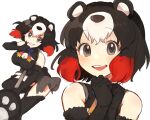  03sa40 1girl animal_ears bear_ears bear_girl bear_paw_hammer bear_tail black_fur black_hair black_leotard black_thighhighs blue_bow blue_bowtie blush bow bowtie brown_eyes cleavage_cutout clothing_cutout commentary_request frilled_leotard frills fur_trim higumamon_(kemono_friends) kemono_friends leotard long_sleeves looking_at_viewer multicolored_hair multiple_views own_hands_together redhead short_hair sidelocks smile solo tail thigh-highs white_hair zettai_ryouiki 