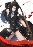  1other androgynous ascot bare_shoulders black_hair choker fingerless_gloves gloves guilty_gear guilty_gear_strive hat highres holding long_hair looking_at_viewer red_eyes scythe shirukonabe solo testament_(guilty_gear) top_hat weapon 
