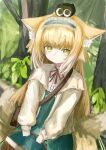 1girl absurdres animal_ear_fluff animal_ears arknights bangs basket blue_hairband blue_skirt closed_mouth commentary_request day fox_ears fox_girl fox_tail frilled_hairband frills green_eyes hairband high-waist_skirt highres holding holding_basket jacket kitsune long_sleeves looking_at_viewer neck_ribbon on_head open_clothes open_jacket outdoors piennamekuzi puffy_long_sleeves puffy_sleeves red_ribbon ribbon shirt skirt solo suzuran_(arknights) suzuran_(spring_praise)_(arknights) tail tree white_jacket white_shirt