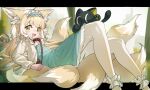 1girl :d alternate_costume alternate_hairstyle animal_ears ankle_cuffs arknights black_cat blonde_hair blue_dress blue_hairband blush cat dress feet_up fox_ears fox_girl fox_tail frilled_dress frilled_hairband frills green_eyes hair_down hairband highres kitsune letterboxed long_hair looking_at_viewer lying mosou_keito multicolored_hair multiple_tails neck_ribbon on_back open_mouth outside_border pantyhose red_ribbon ribbon smile streaked_hair suzuran_(arknights) suzuran_(spring_praise)_(arknights) tail teeth two_side_up upper_teeth white_hair white_pantyhose