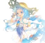  1girl :d arm_ribbon blue_eyes blue_hair blue_one-piece_swimsuit blue_ribbon bracelet braid casual_one-piece_swimsuit collarbone cowboy_shot floating_hair granblue_fantasy hair_intakes hat jewelry long_hair lyria_(granblue_fantasy) one-piece_swimsuit ribbon shell_hair_ornament shiny shiny_hair simple_background smile solo soriya standing sun_hat swimsuit twin_braids very_long_hair white_background wrist_cuffs yellow_headwear 