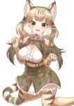  1girl animal_costume animal_ear_fluff animal_ears belt breasts cat_ears cat_girl cat_tail green_eyes grey_hair highres jungle_cat_(kemono_friends) kemomimizuku kemono_friends kemono_friends_v_project kneehighs large_breasts long_hair looking_at_viewer microphone multicolored_hair open_mouth ribbon scarf shirt simple_background skirt smile socks solo tail virtual_youtuber 
