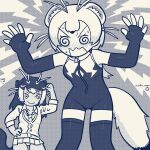  2girls @_@ animal_ears antenna_hair arm_up arms_up bangs bare_shoulders blush closed_mouth collared_shirt cosplay costume_switch dated elbow_gloves embarrassed extra_ears fingerless_gloves front_zipper_swimsuit furrowed_brow giant_otter_(kemono_friends) giant_otter_(kemono_friends)_(cosplay) gloves hand_on_hip highres inada_roku jacket kemono_friends long_hair looking_at_another looking_down meme_attire microskirt monochrome multicolored_hair multiple_girls necktie nose_blush one-piece_swimsuit open_mouth otter_ears otter_girl otter_tail panties shirt skirt smile spread_fingers stoat_(kemono_friends) stoat_(kemono_friends)_(cosplay) sweat swimsuit tail tan thigh-highs two-tone_swimsuit underwear v-shaped_eyebrows weasel_ears weasel_girl weasel_tail wing_collar zipper zipper_pull_tab 